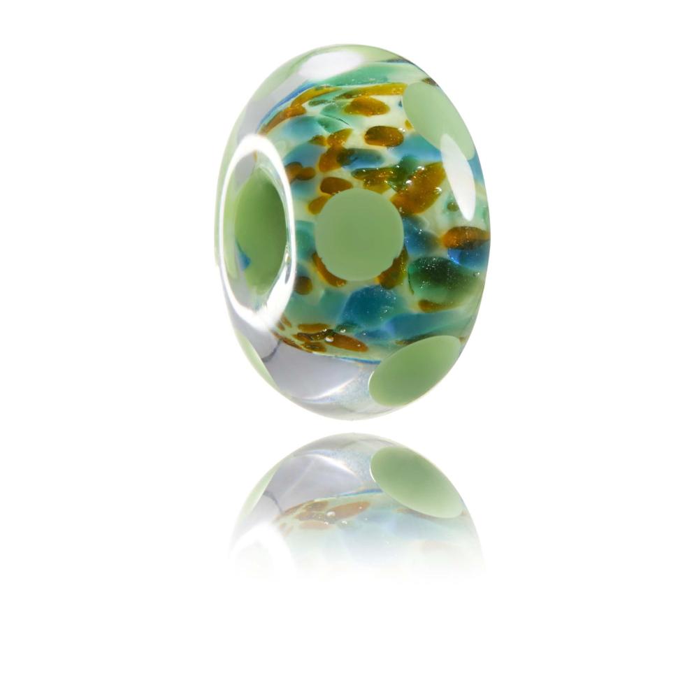 Green, blue, brown spotted glass bead for Guernsey in the Channel Islands.