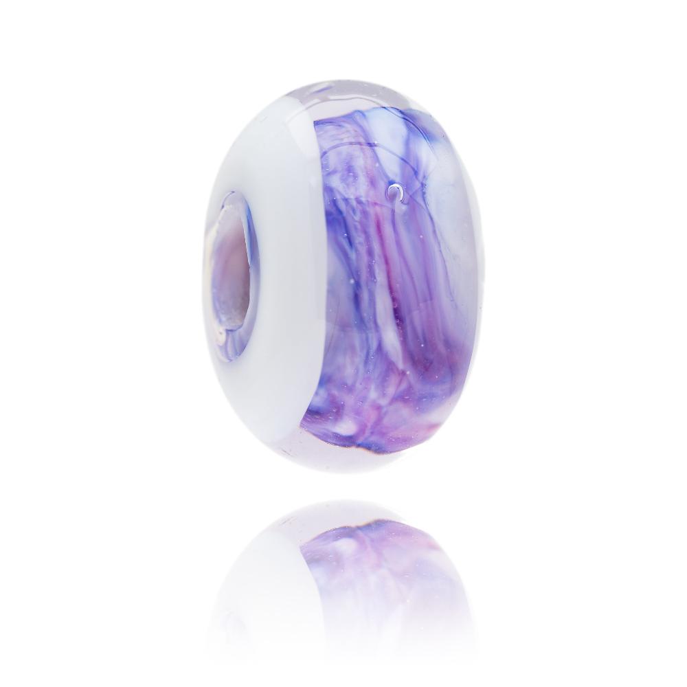 Swirling purple and pink glass bead with white surface stripes for Glenshee in Scotland.