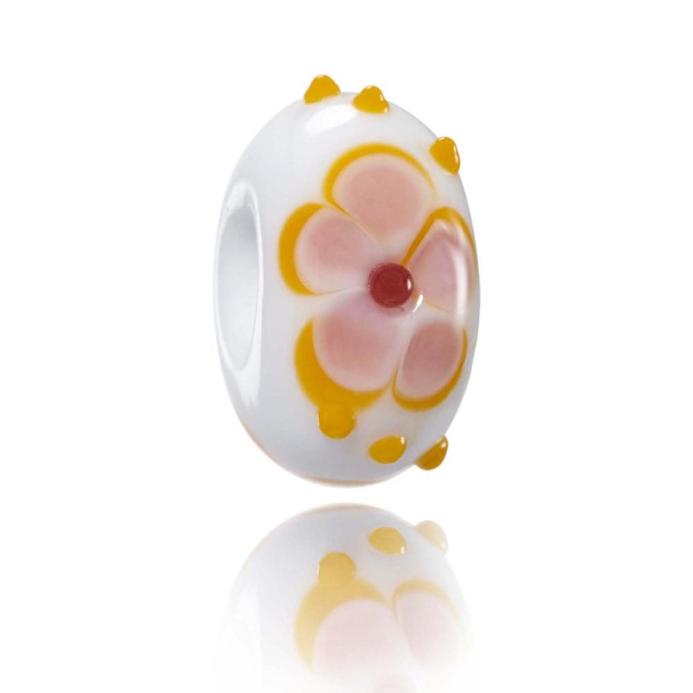 White glass bead with orange and pink flower pattern on the surface, designed to represent Lanai in Hawaii.