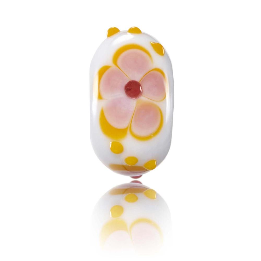 White glass bead with orange and pink flower pattern on the surface, designed to represent Lanai in Hawaii.
