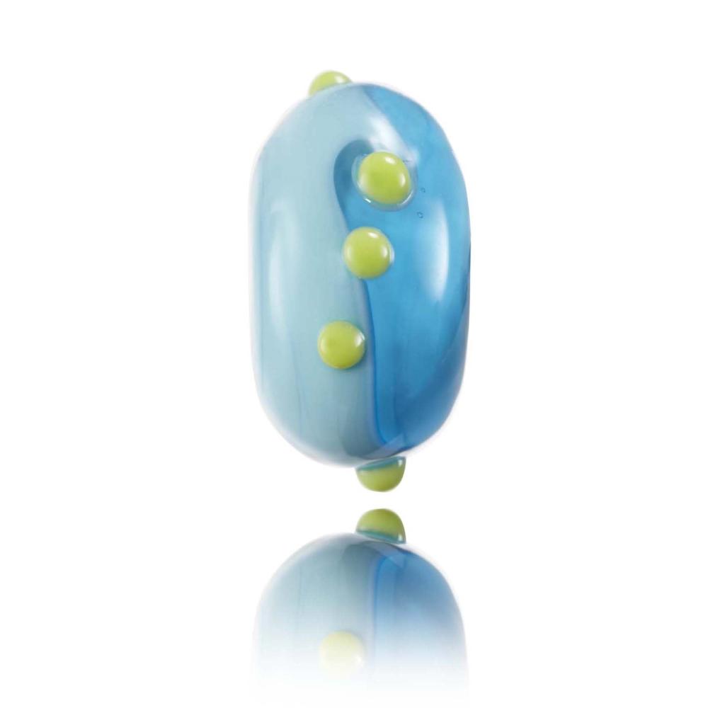 Turquoise glass bead with yellow dots on surface for Hawaii.