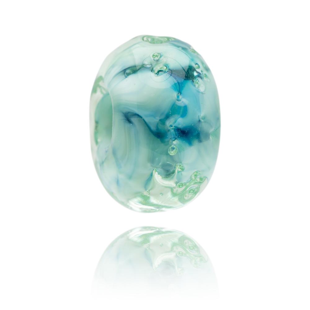 Swirling bubbly blue, green and clear Murano glass bead for Holkham beach in Norfolk.