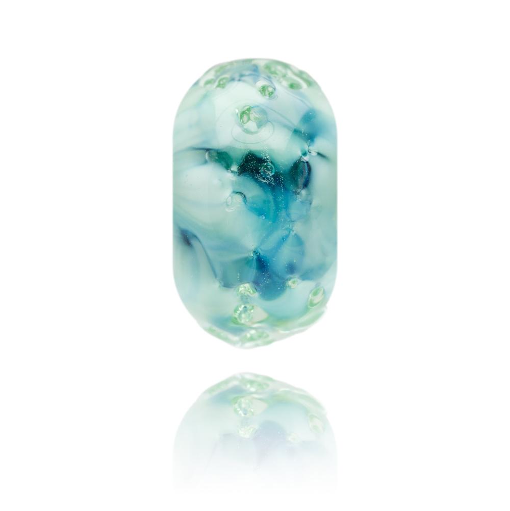 Swirling bubbly blue, green and clear Murano glass bead for Holkham beach in Norfolk.