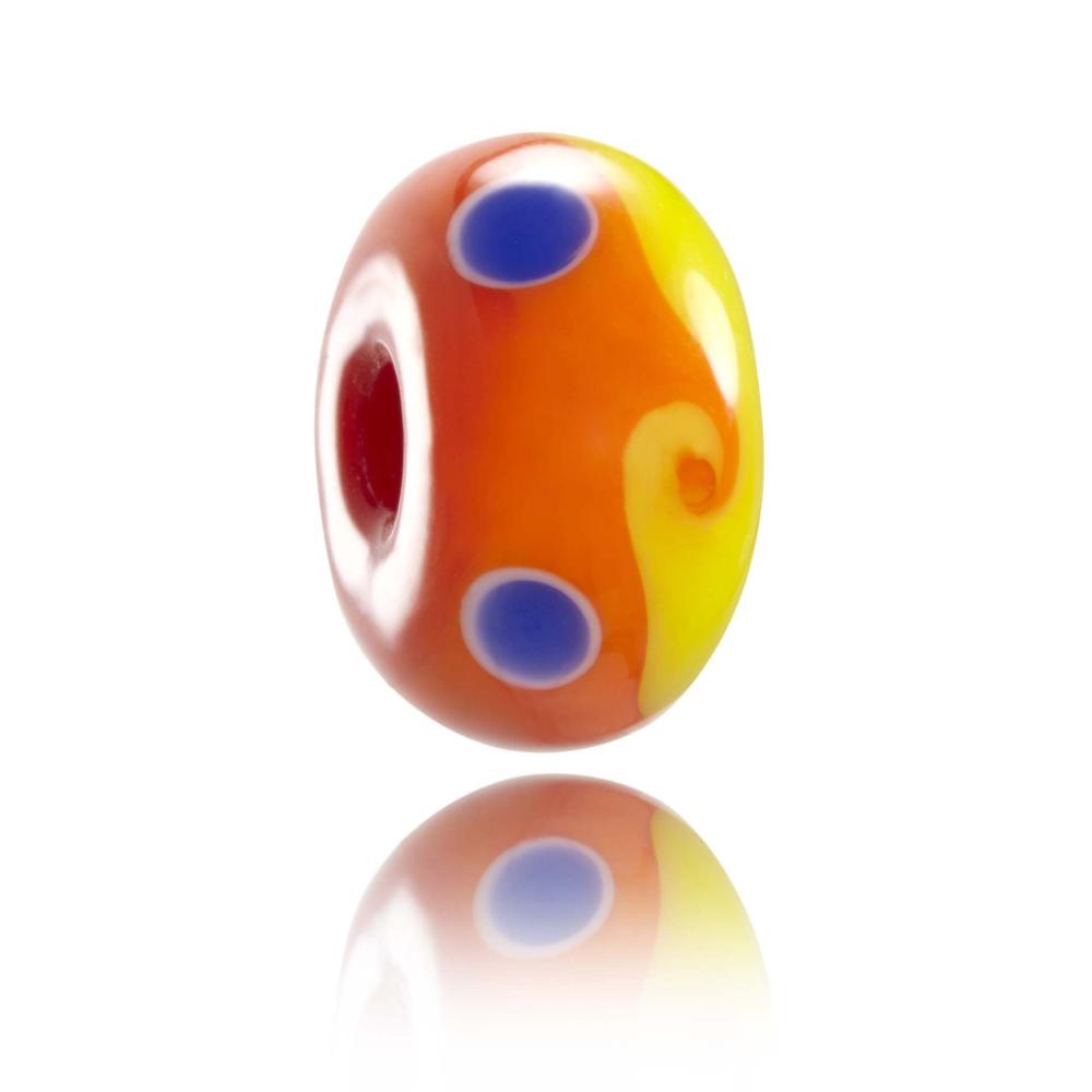 Bright yellow and orange glass bead with swirl and purple dots representing Ibiza in Spain.