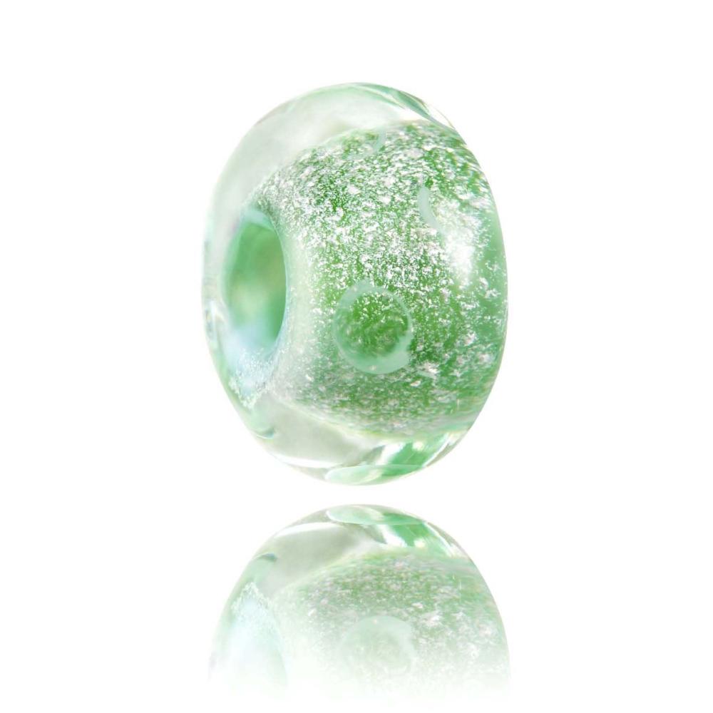 Green shimmery glass bead designed for the Isle of Man in the UK.