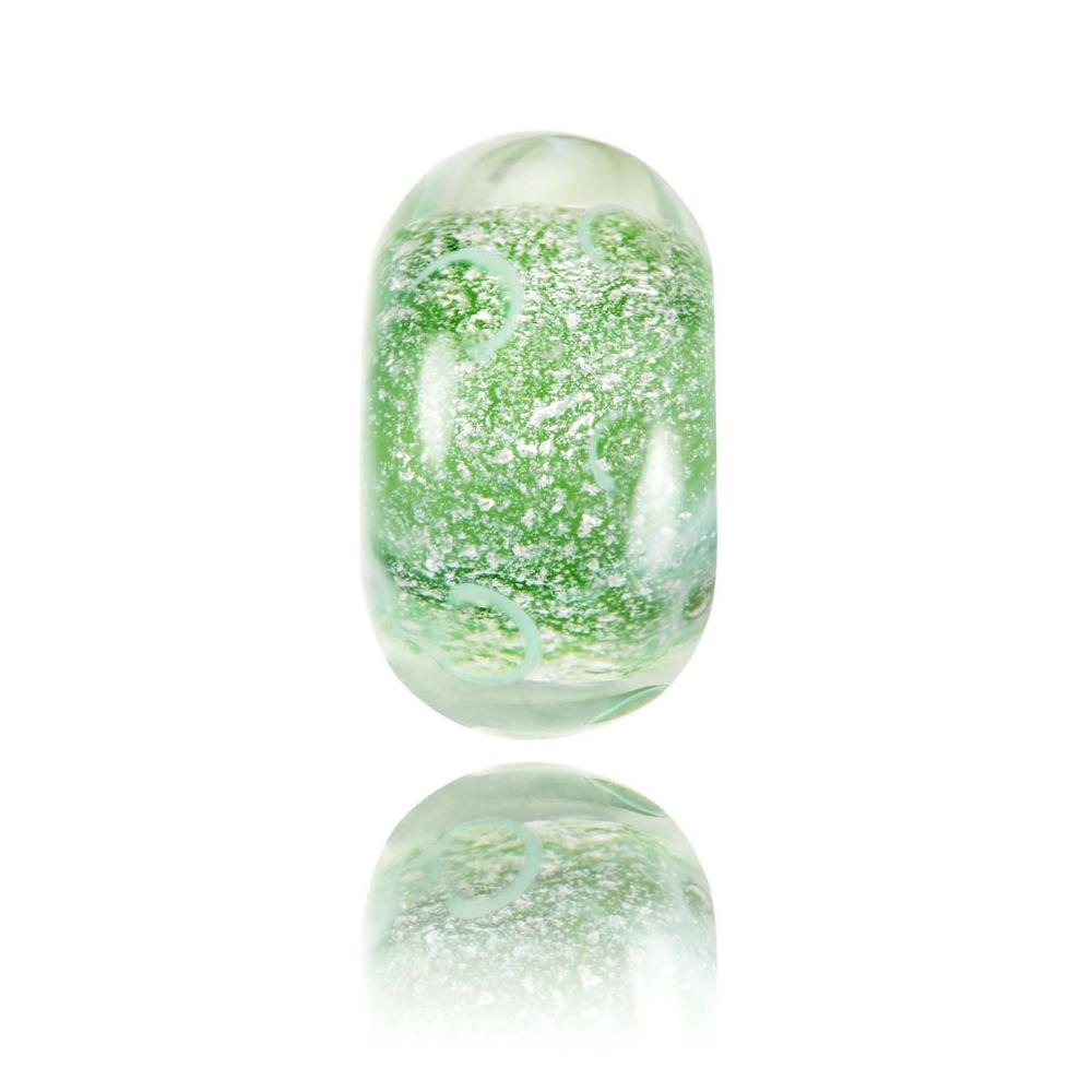 Green shimmery glass bead designed for the Isle of Man in the UK.