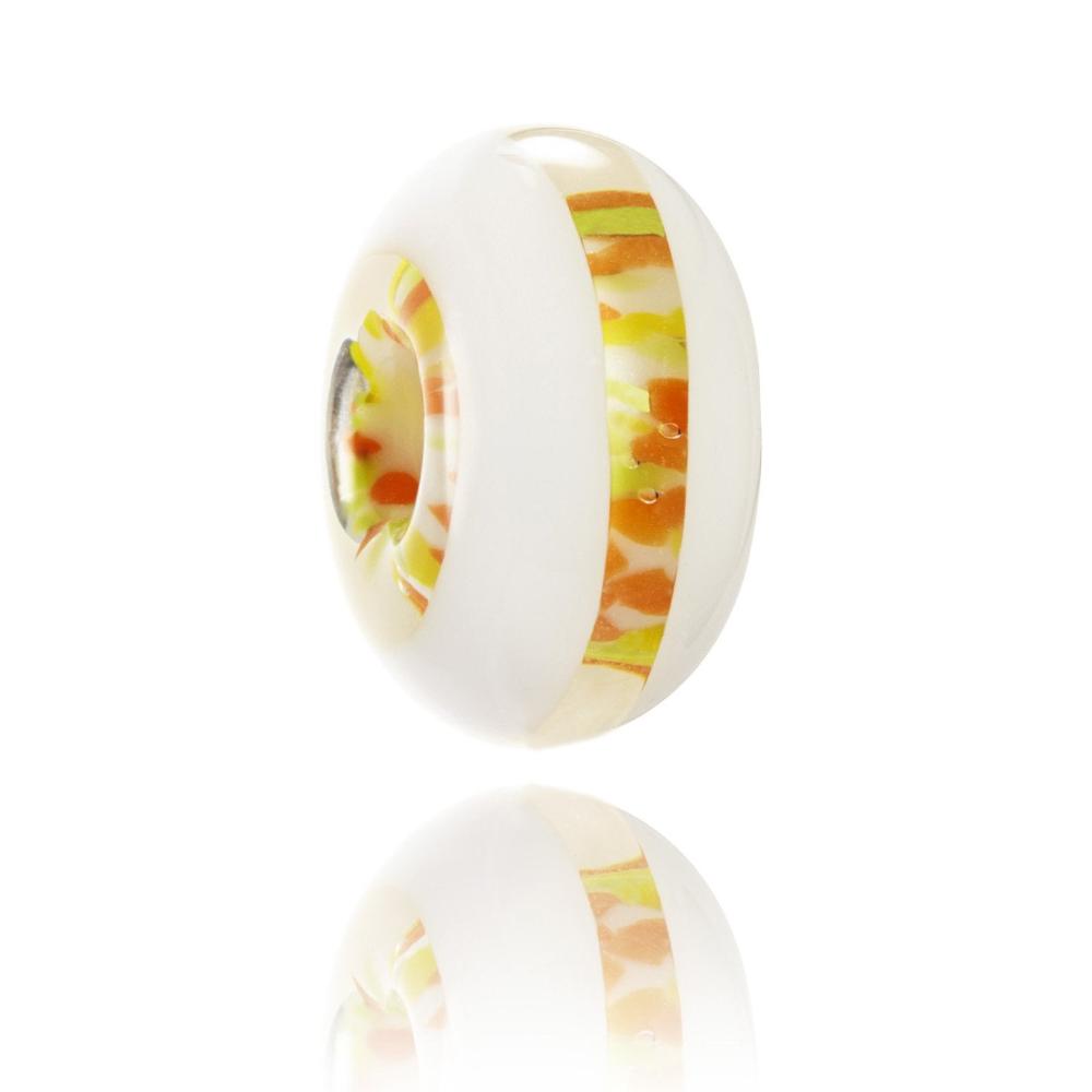 Yellow and orange speckled bead with white stripes at each side, made to represent Ischgl in Austria.