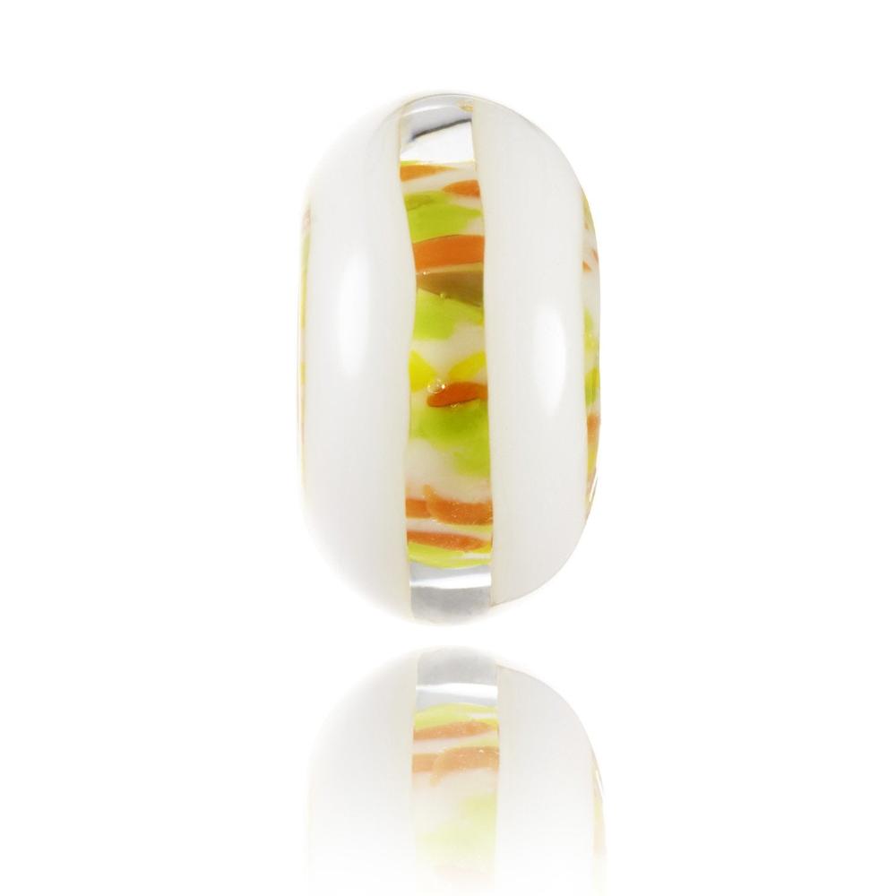 Yellow and orange speckled bead with white stripes at each side, made to represent Ischgl in Austria.