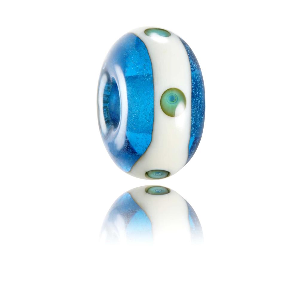 Transparent blue glass bead with cream stripe around middle with green bubble dot patterns. Designed for Jobs Bay in Kent, UK