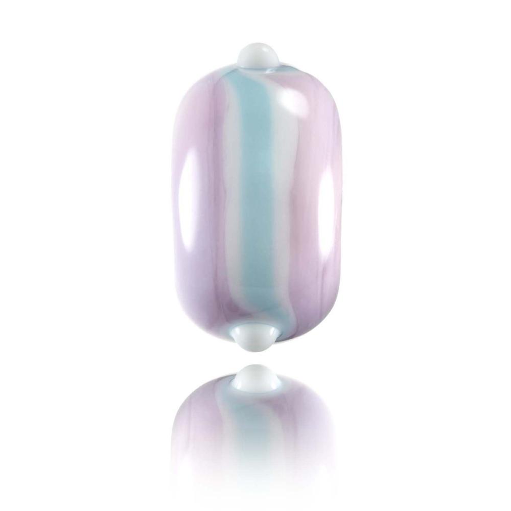 Pink glass bead with a white and blue stripe around the middle with little white dots joining the swirl. Designed for the Keep A'Breast Foundation charity.