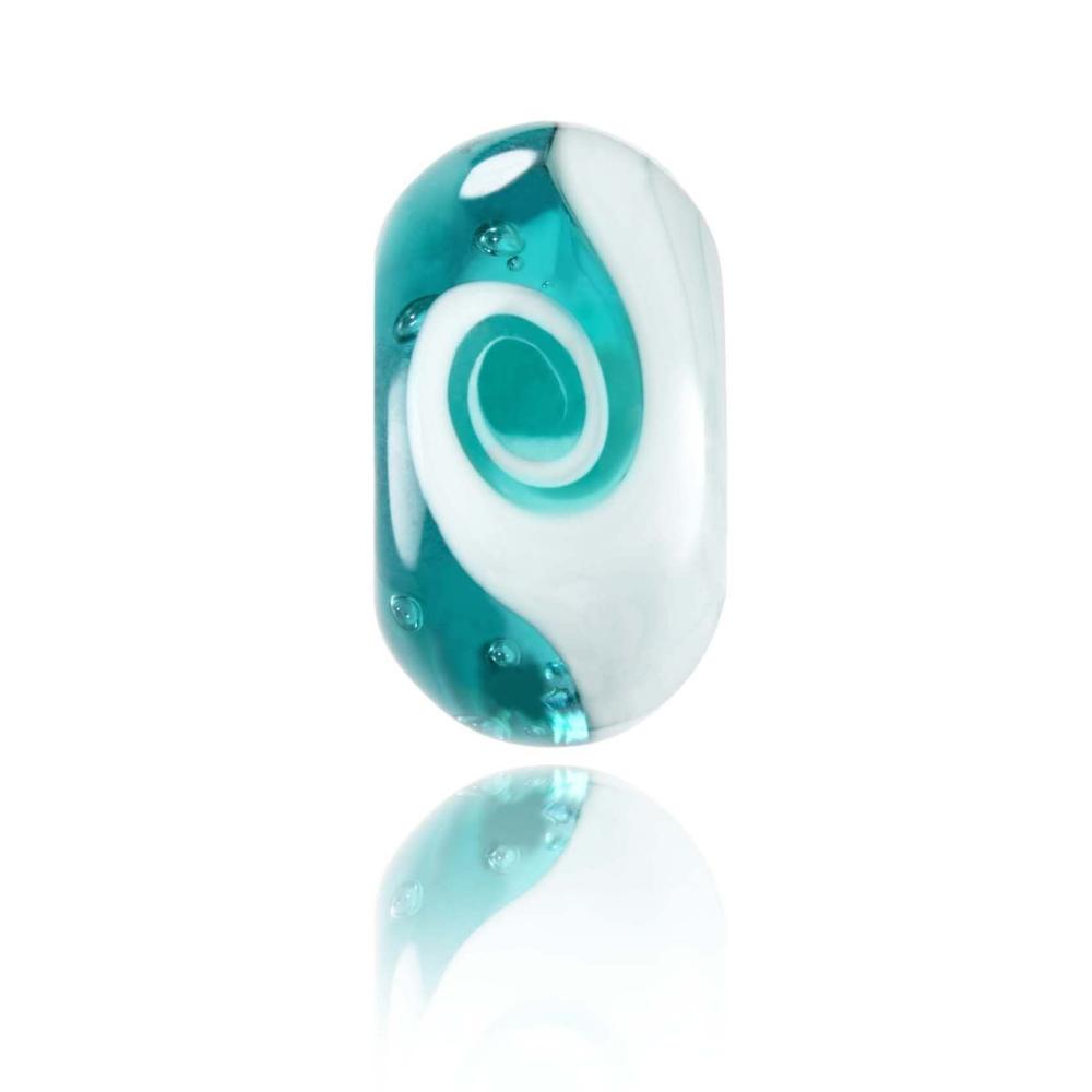 Teal and green glass bead with a swirl in the middle and small bubbles in the glass, designed for Kynance Cove in Cornwall.