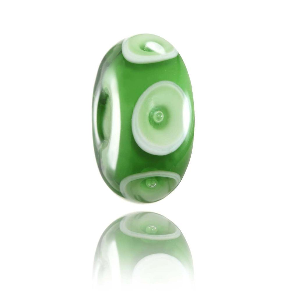 Bright green glass beads with dot and bubble pattern on the surface, designed for Langland in Wales.