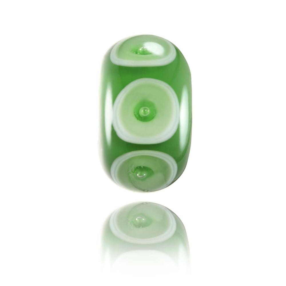 Bright green glass beads with dot and bubble pattern on the surface, designed for Langland in Wales.