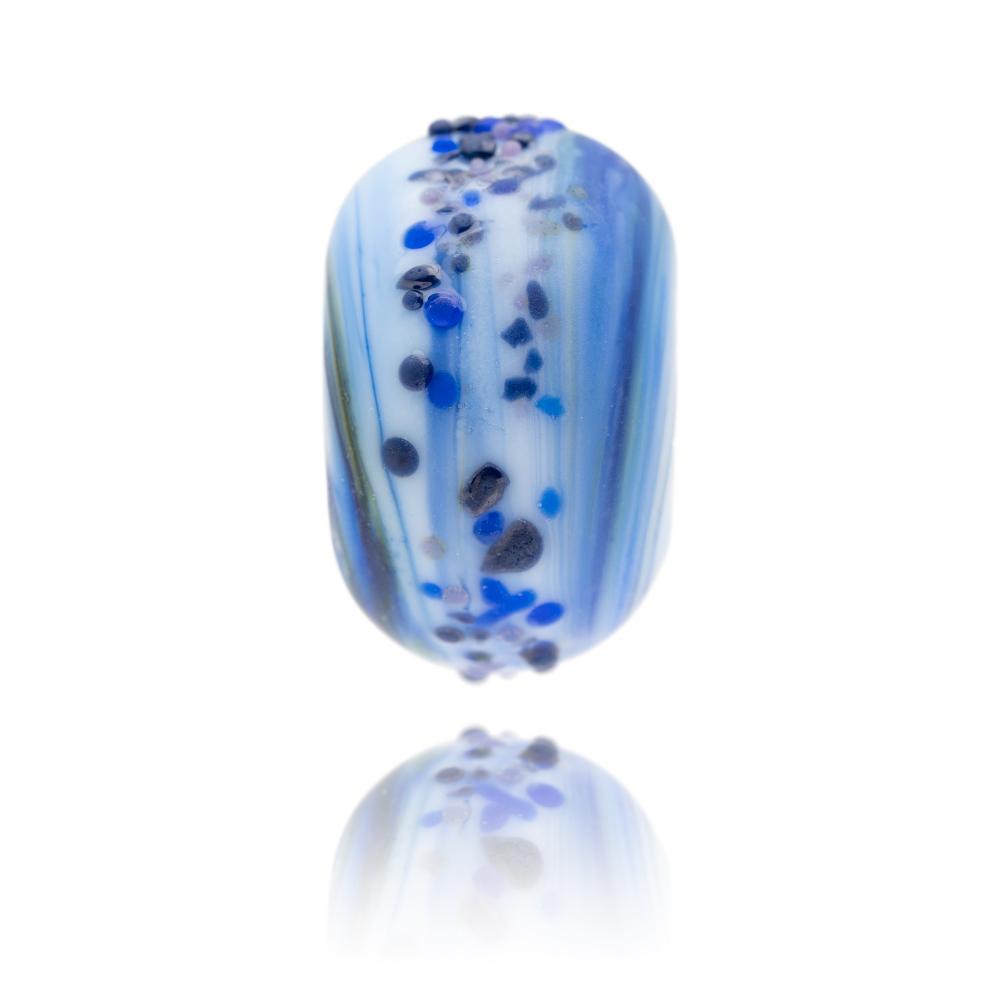 Blue swirling glass beads with surface texture for Lecht in Scotland.