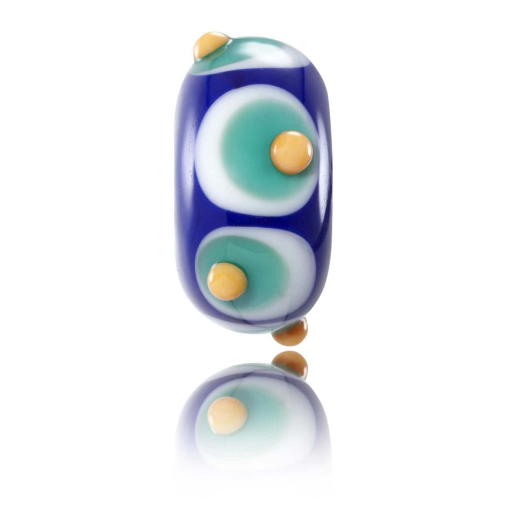 Bright blue glass bead with white, green and orange dots layered on top of each other. Designed for Lennox Heads beach in Australia.