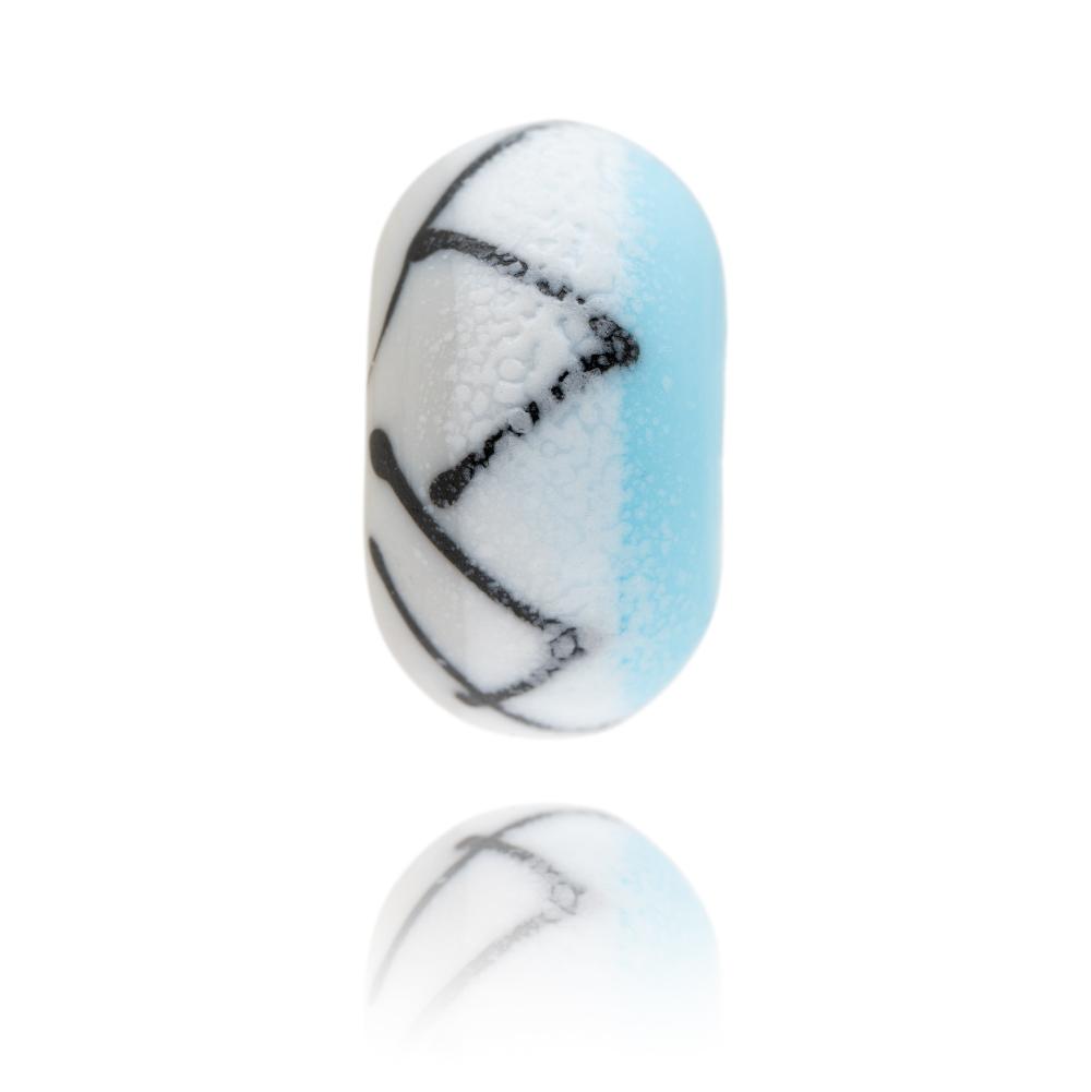 Grey and light blue glass bead with frosted 'snow' texture on the surface e with criss cross black mountain peak. Designed for Les Deux Alpes in France.