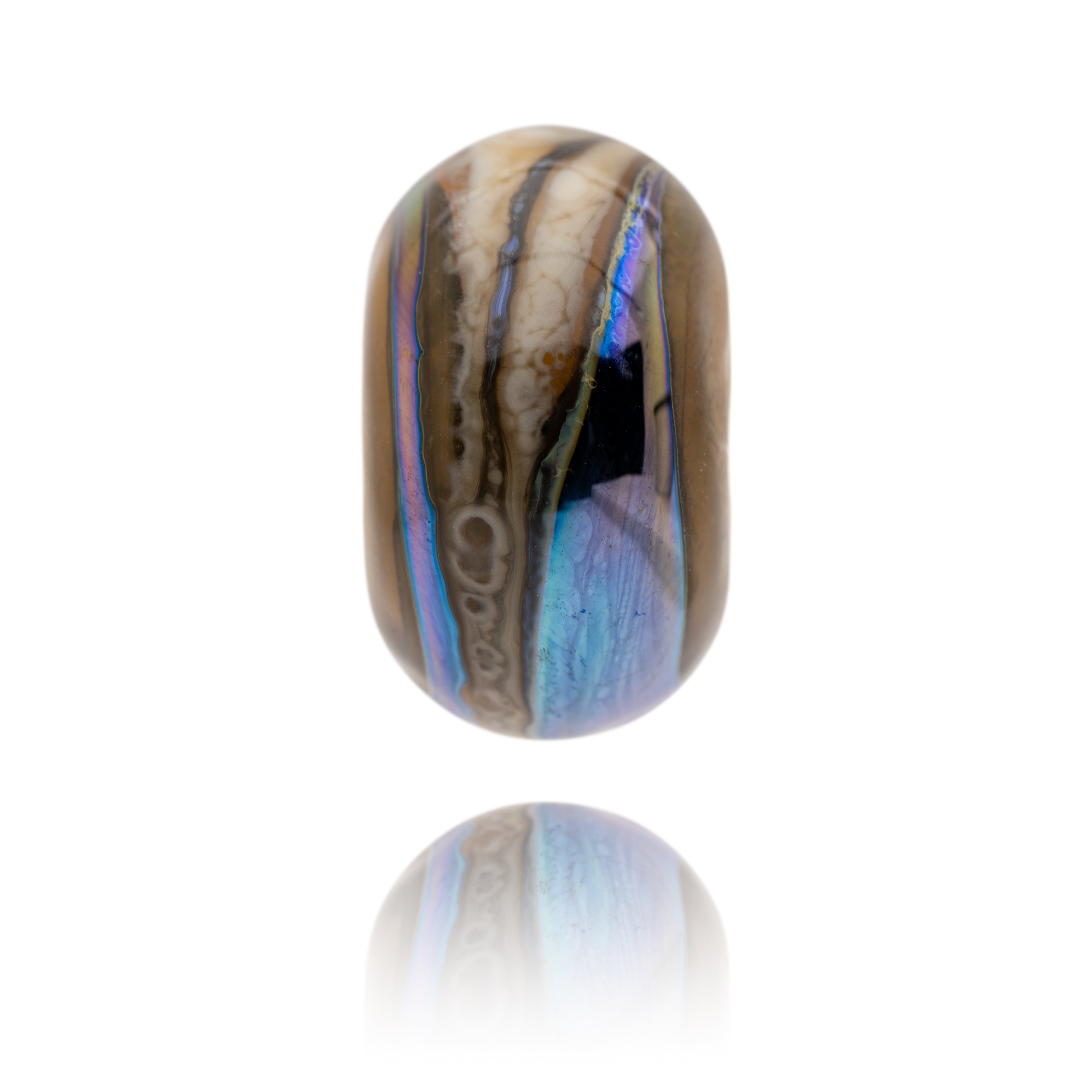 Ivory and blue swirling glass bead representing Longsands Beach in Tynemouth.
