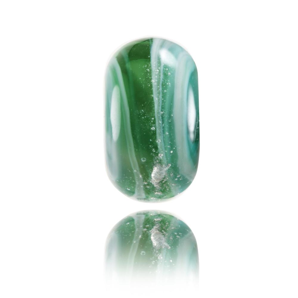 Green, silver and white swirling shimmering glass bead for the Mavericks surf spot in California the USA.