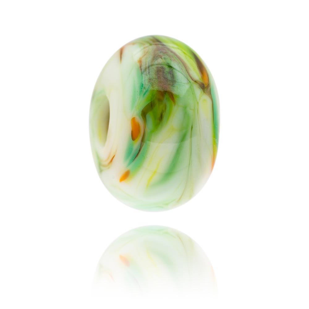 Swirling white, green, orange and brown glass bead for the Mendips in Somerset.