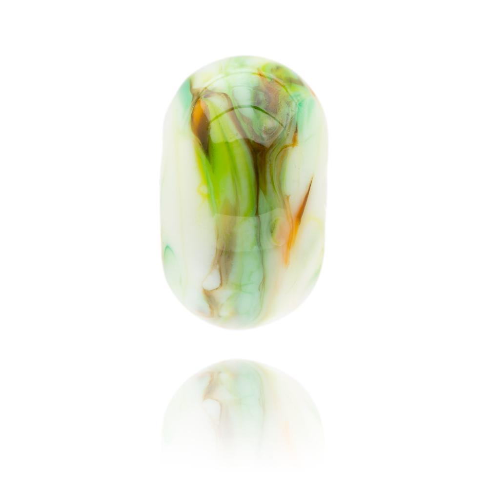 Swirling white, green, orange and brown glass bead for the Mendips in Somerset.