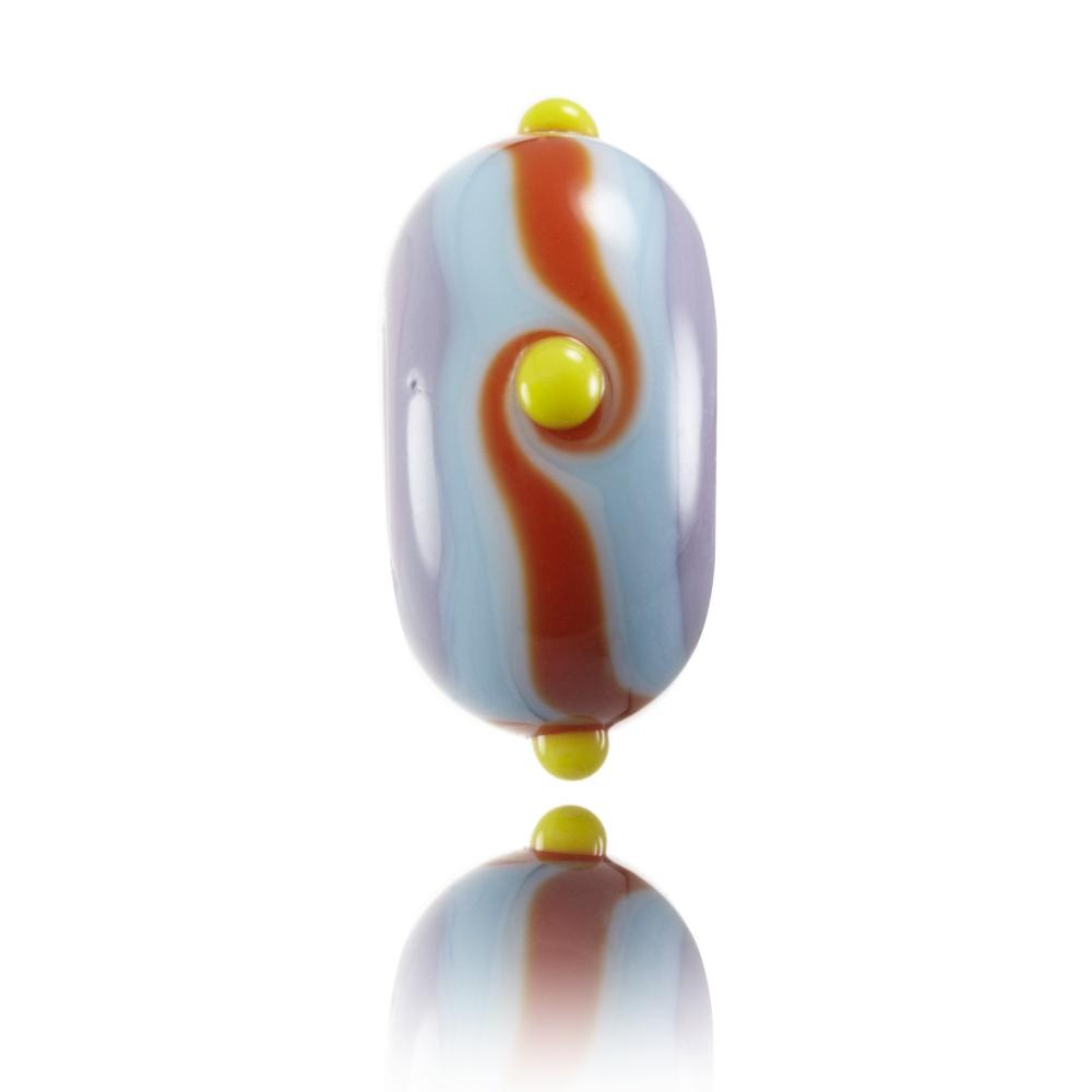 Purple, blue and orange striped glass bead with yellow dots on surface, representing Molokai Island in Hawaii.