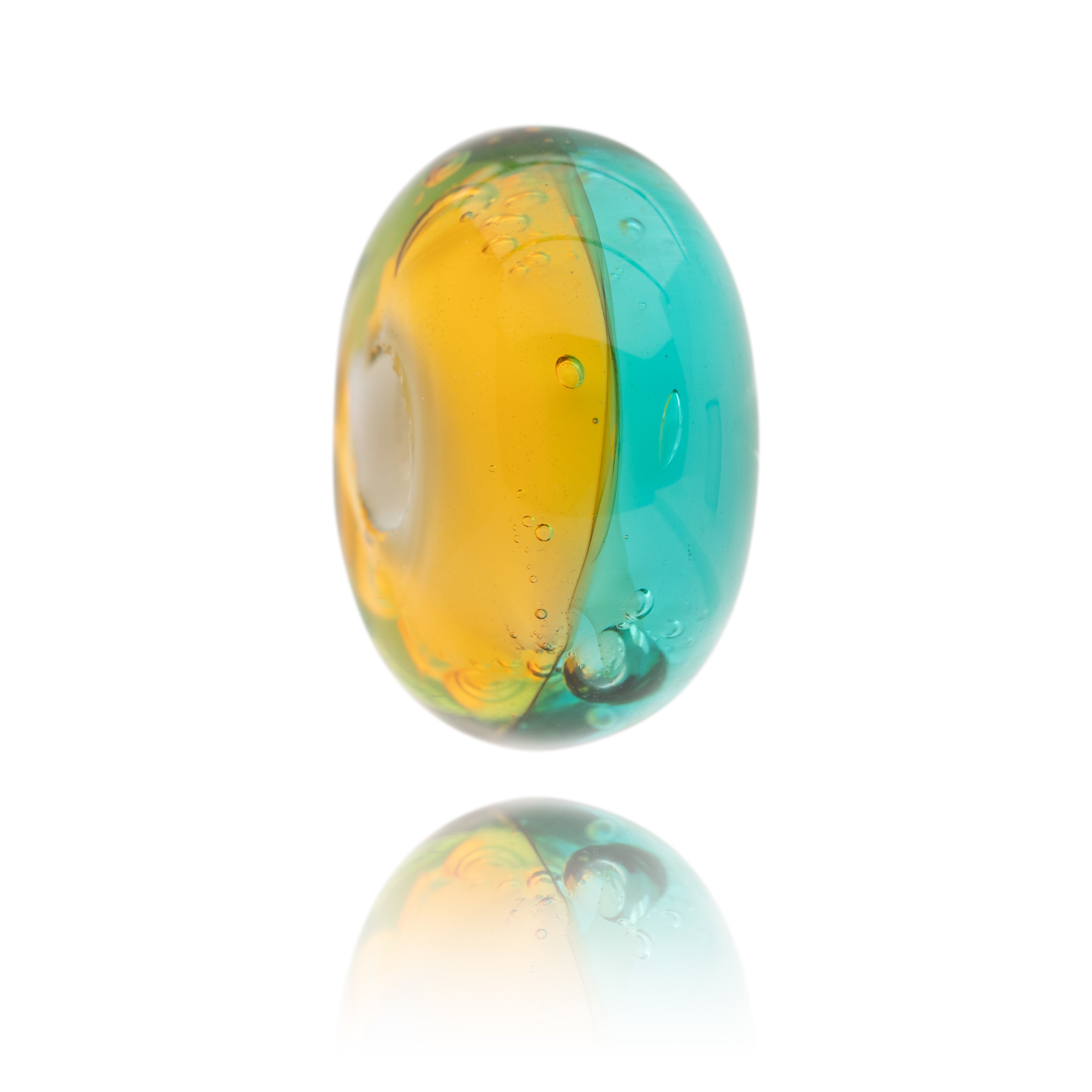 Teal and yellow Murano glass bead with bubbles in glass for Mothecombe beach South Devon.