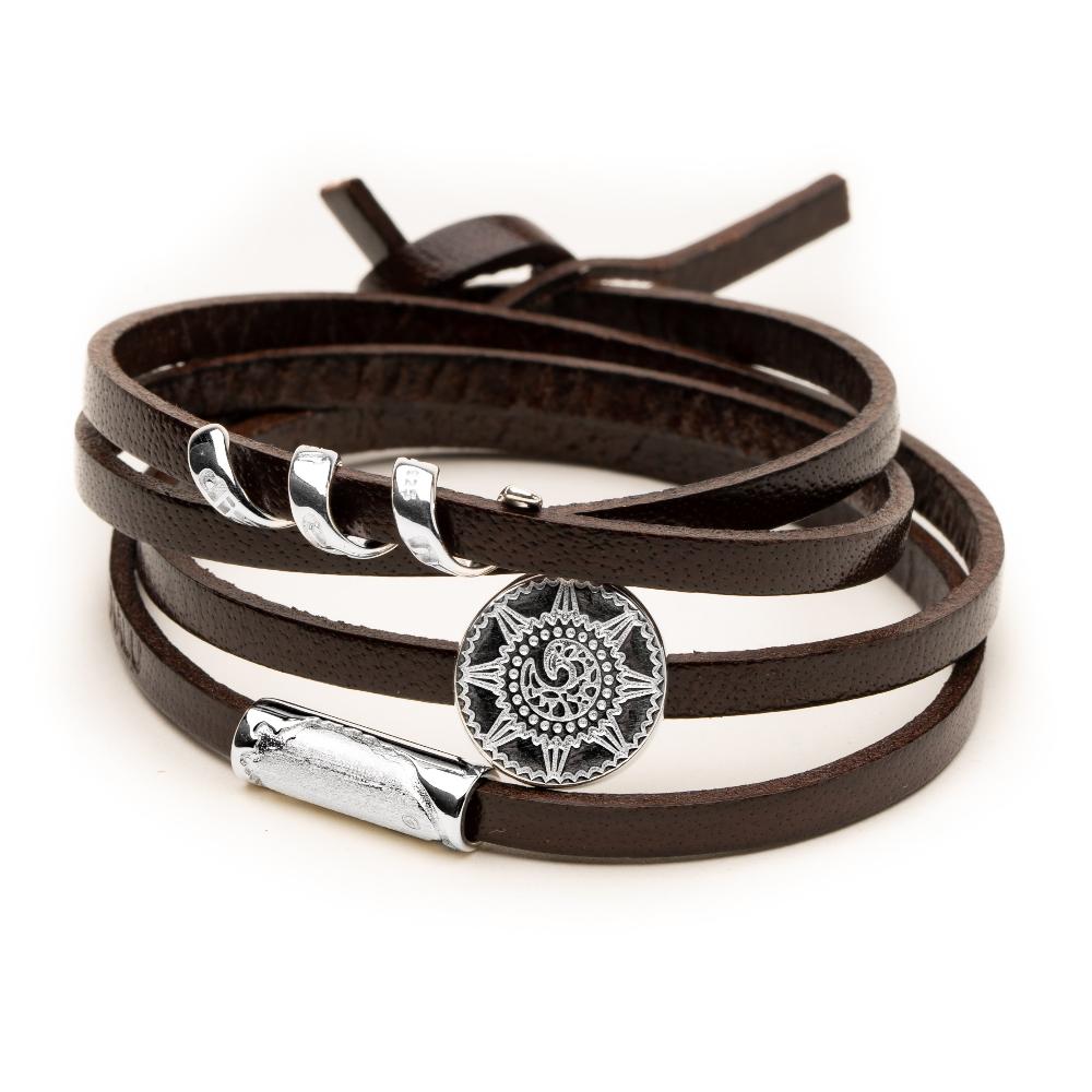 Brown leather and silver wrap bracelet.