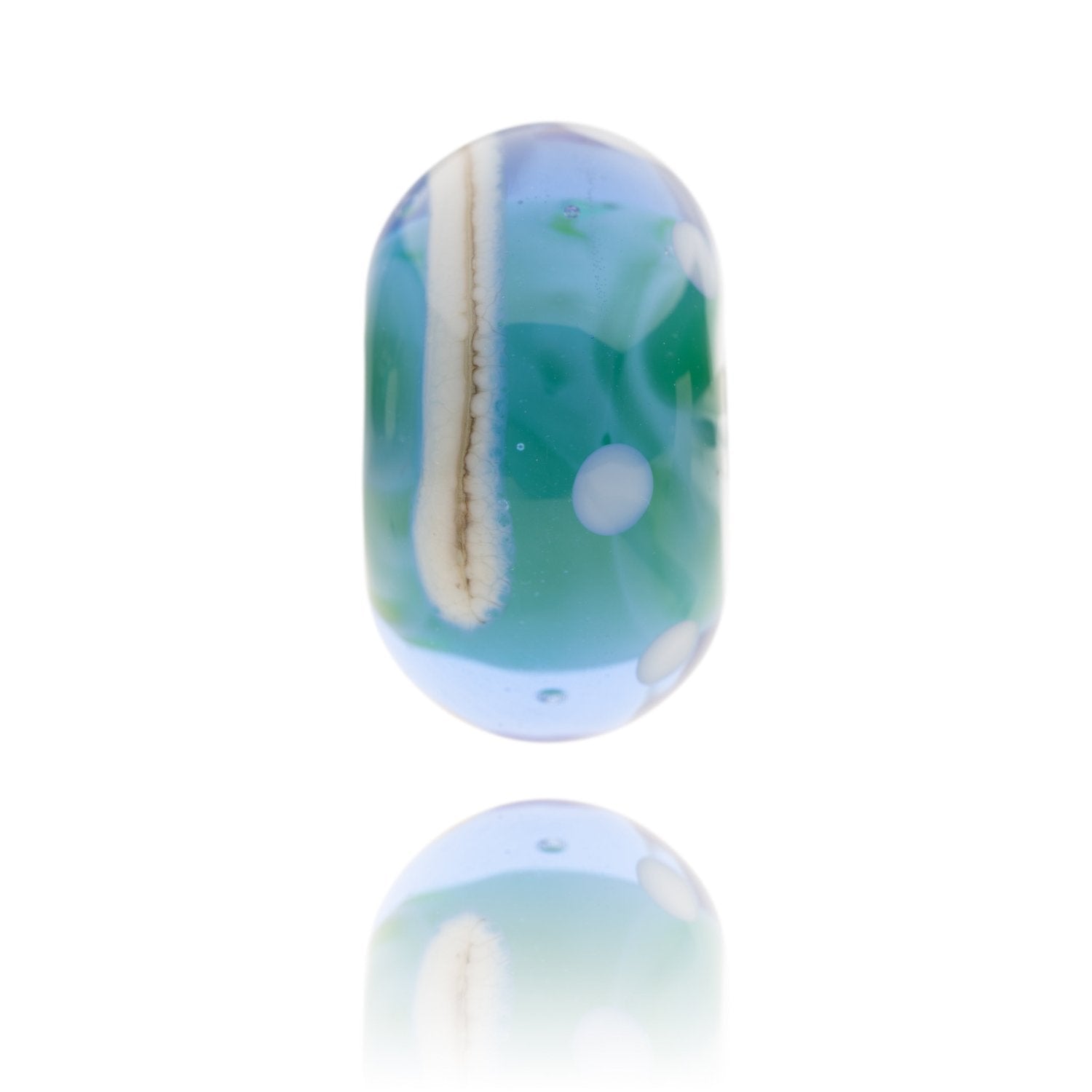 Blue, green swirling glass bead with cream patterns on surface for Newquay Harbour in Cornwall.