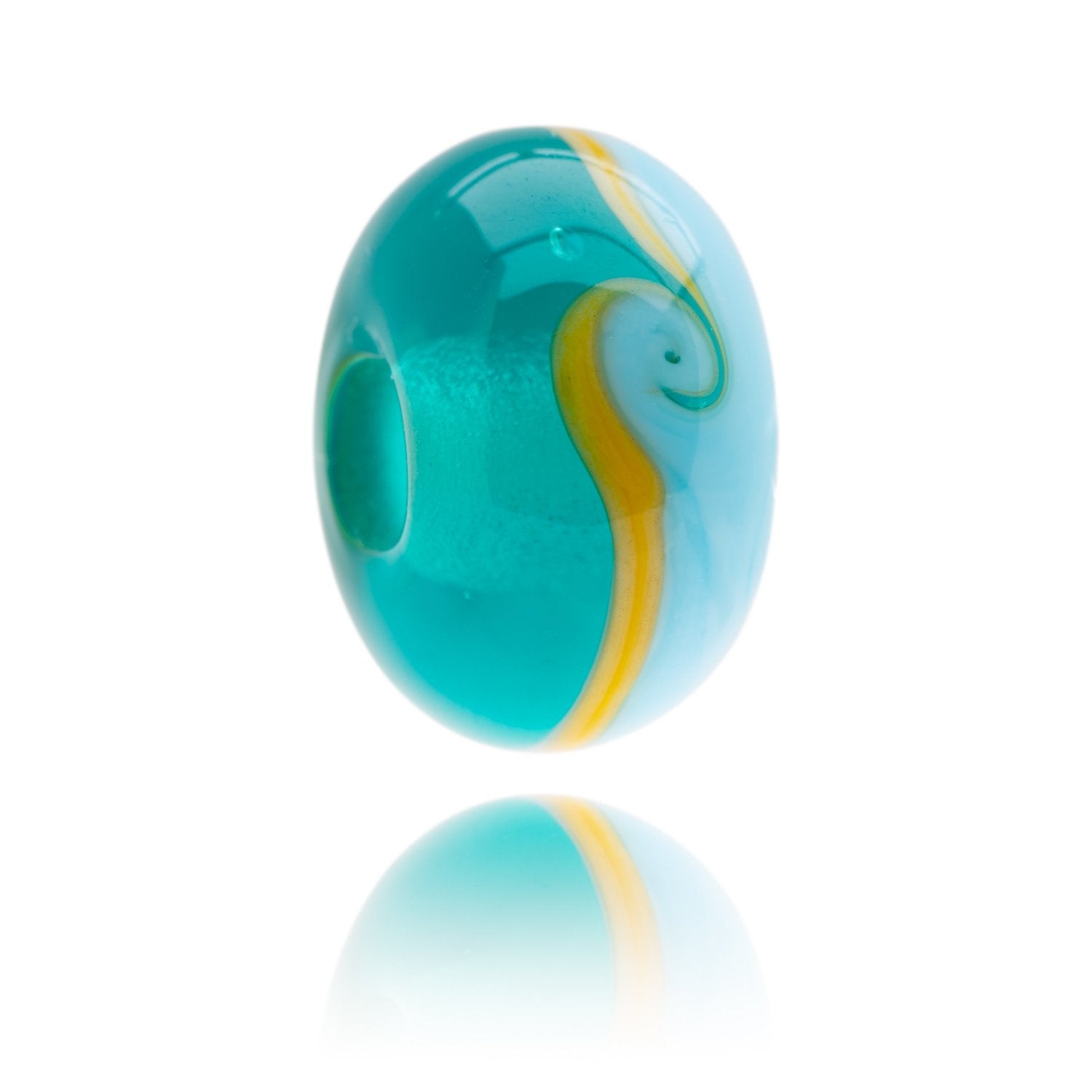 Transparent turquoise and page blue glass bead with YELLOW STRIPE AROUND THE OUTSIDE representing the North Devon Biosphere charity.