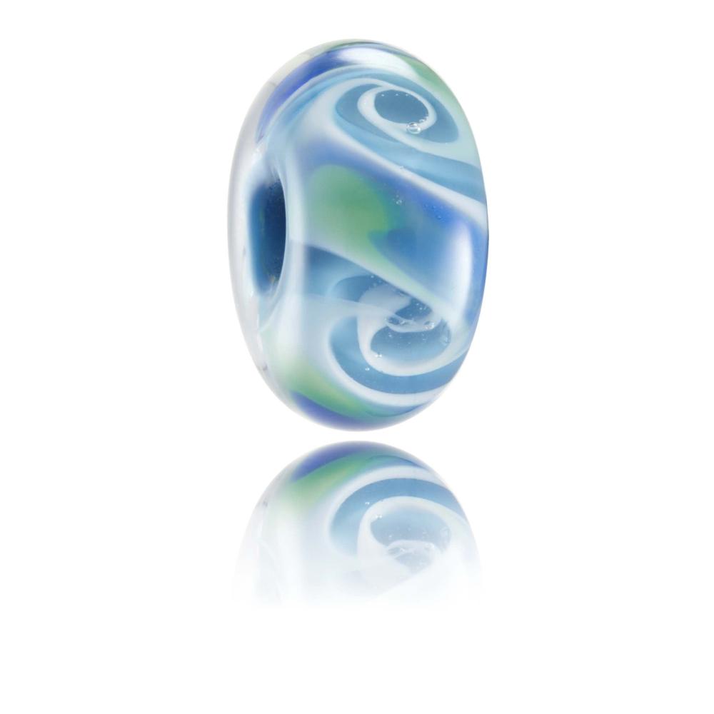 Swirling blue, clear and green glass charm bead for the Indian Ocean.