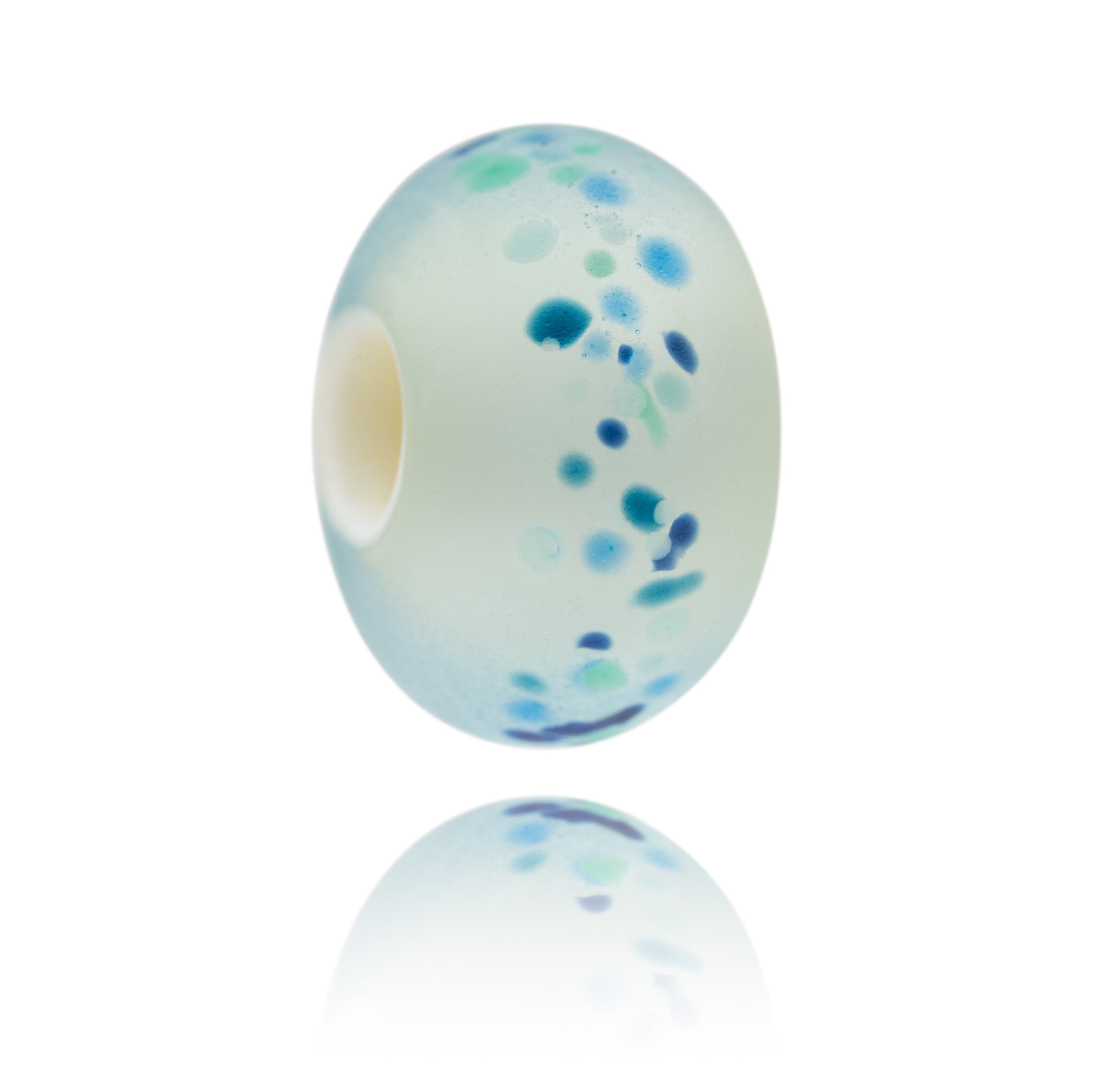 Frosted glass beads decorated with speckles of blue and green glass.