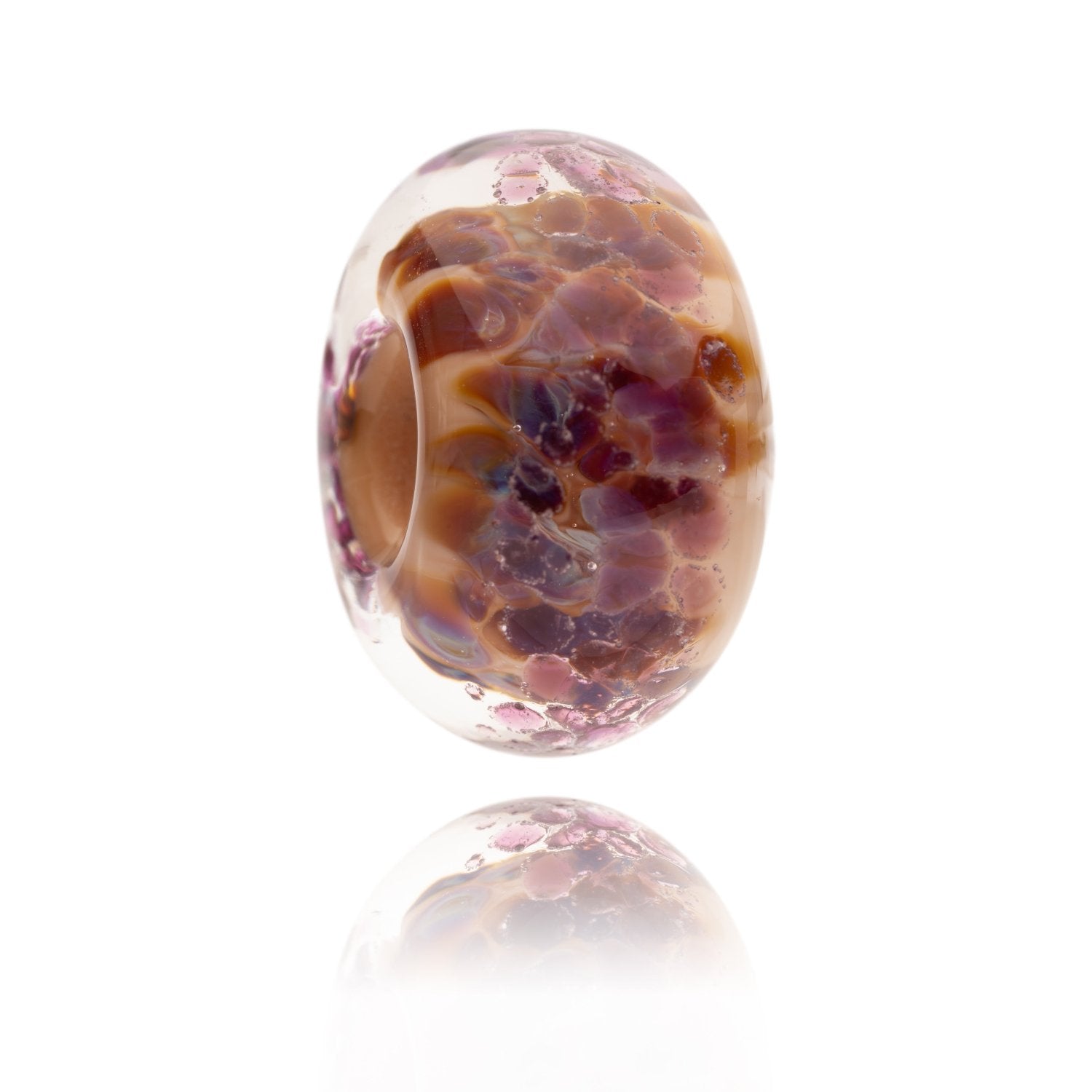 Brown and purple mottled glass bead representing the Peak District National Park in the UK.