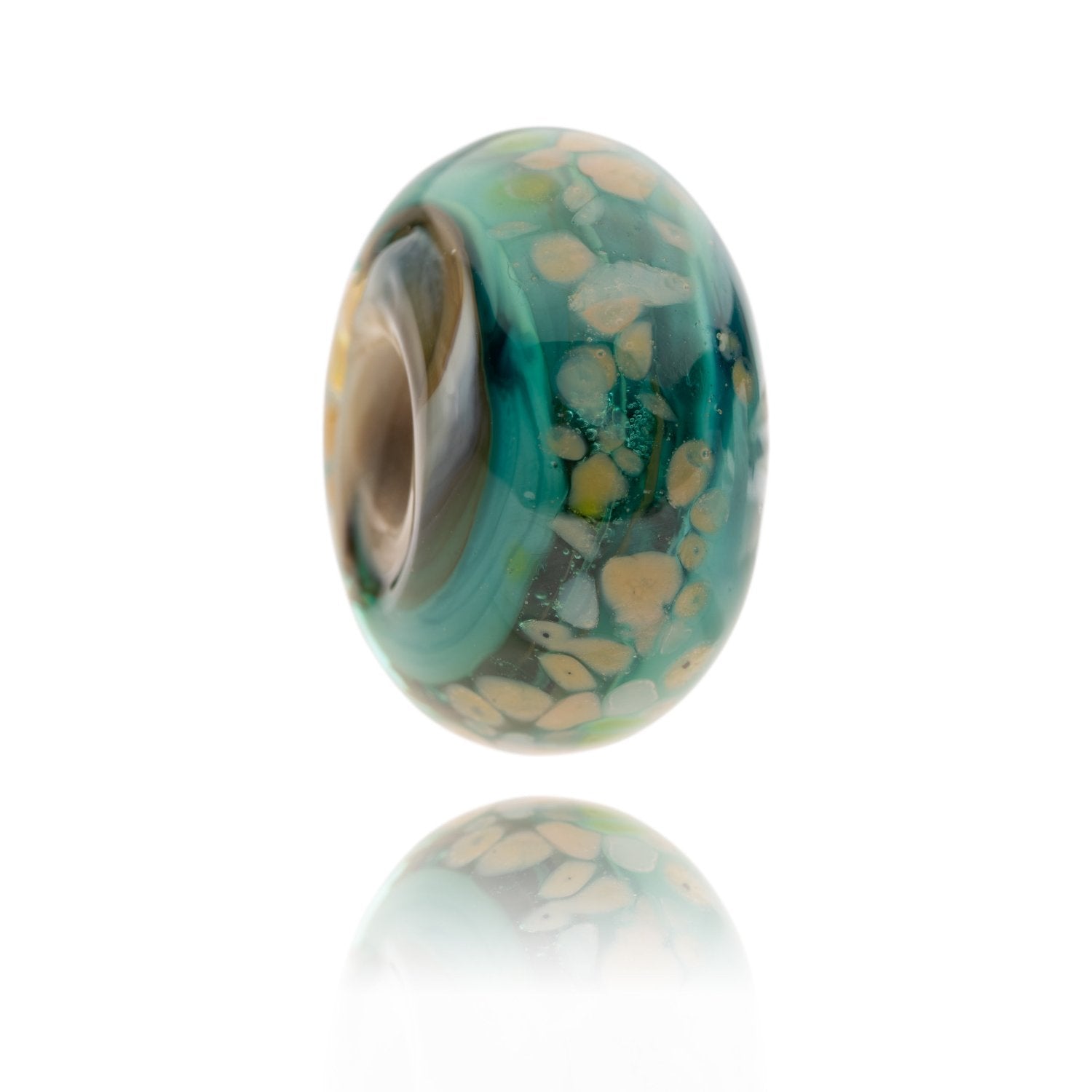 Dark green, brown and grey swirling glass bead with light brown speckles on the surface. Representing the Pembrokeshire Coast National Park in Wales.