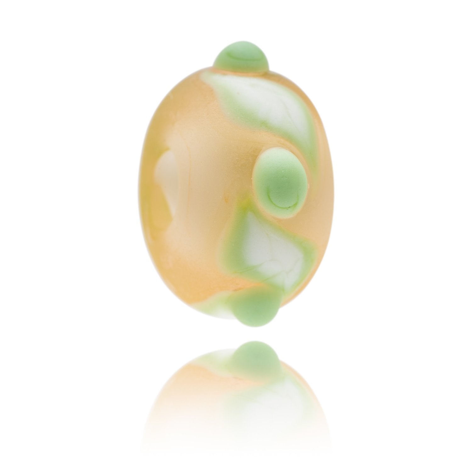 Peach frosted glass bead with green and white swirl patterns around the middle. Representing Pevensey Bay in Sussex, UK.