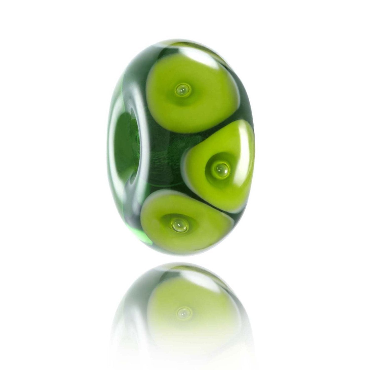 Dark green transparent glass bead with lighter green dots with bubbles on the surface, representing Piha in New Zealand.