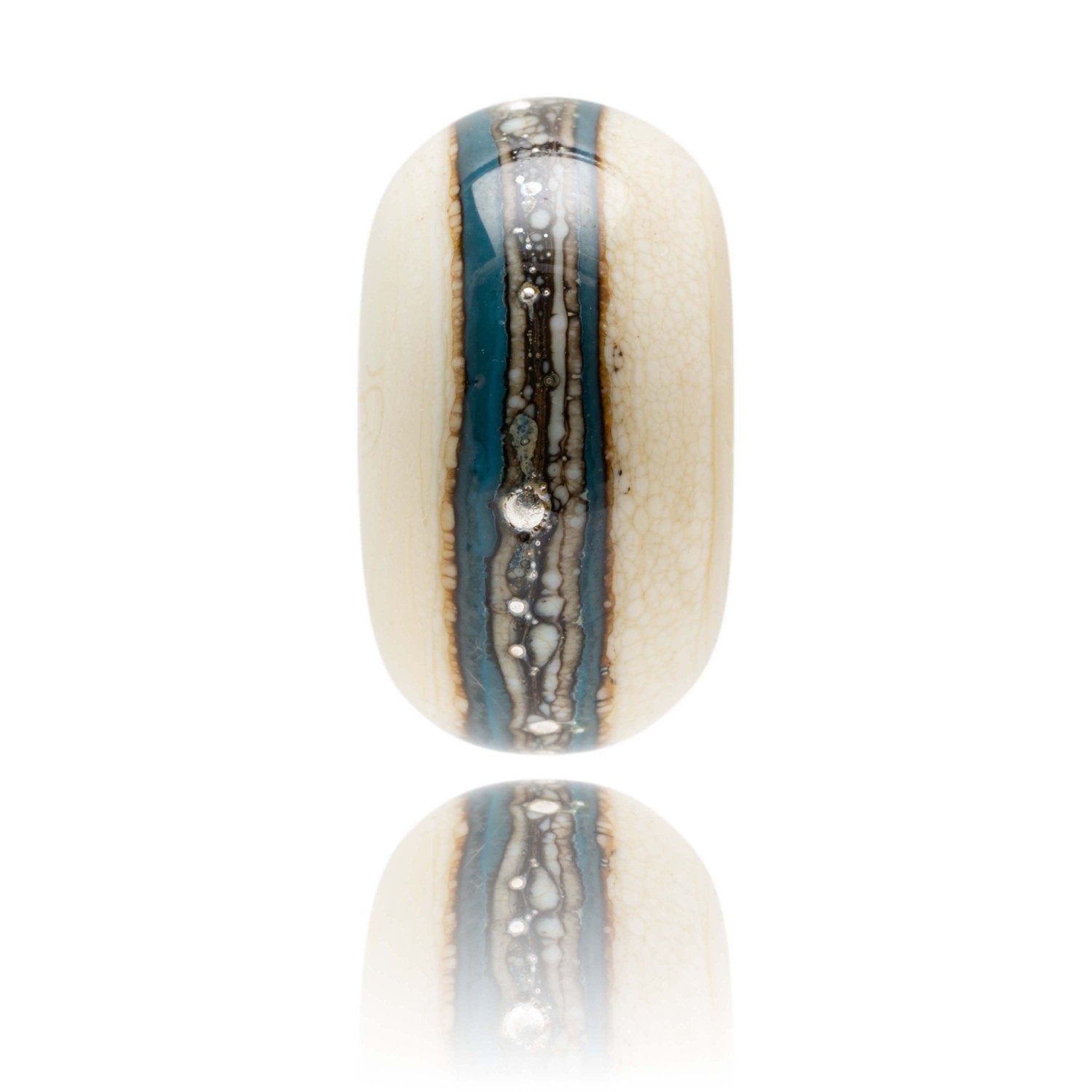 Cream colored glass bead with a blue stripe around the middle with silver dots on the surface, representing Porthcawl beach in South Wales.