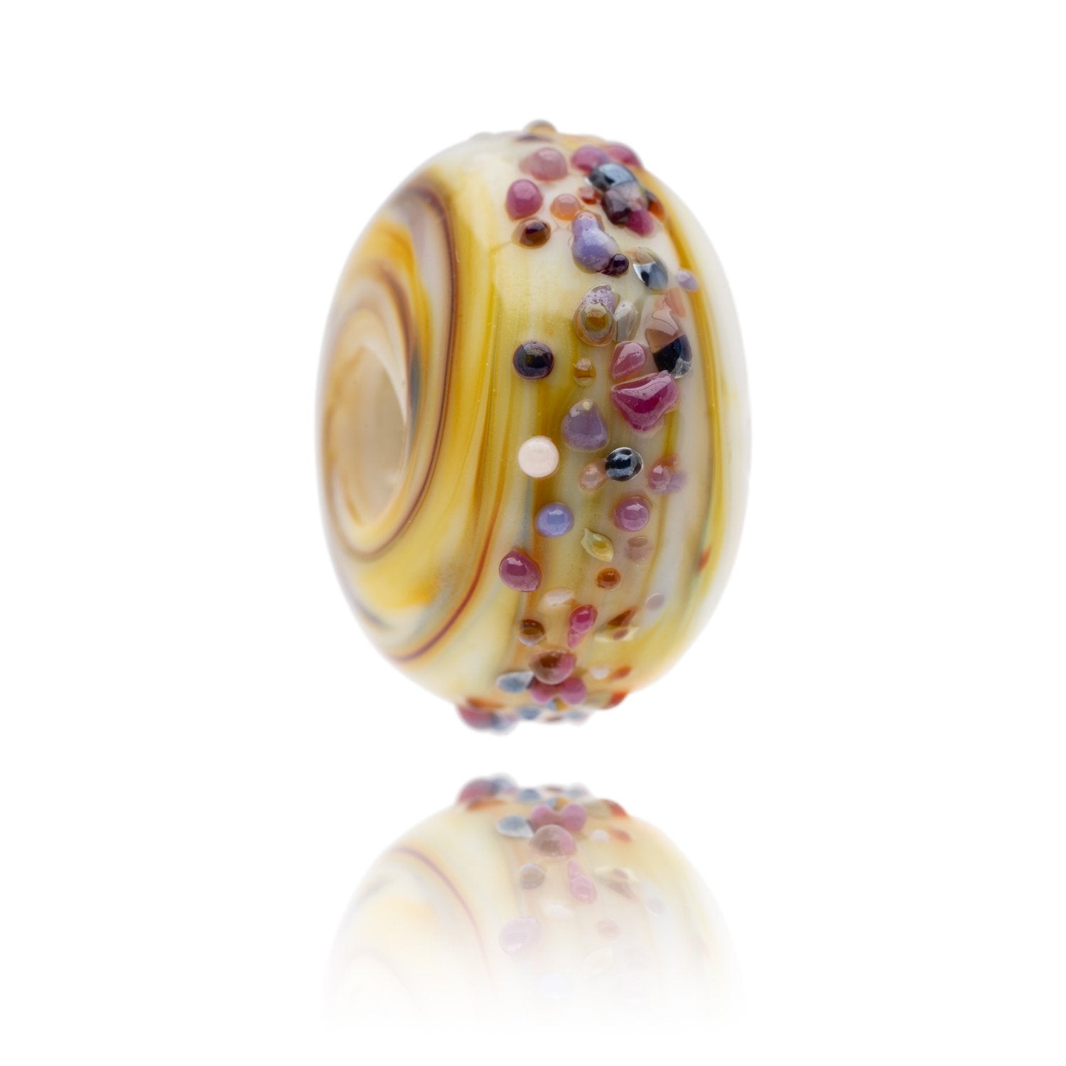 Yellow, white and organ swirling glass bead with raised pink and purple dots representing The Quantock Hills in Somerset, UK.