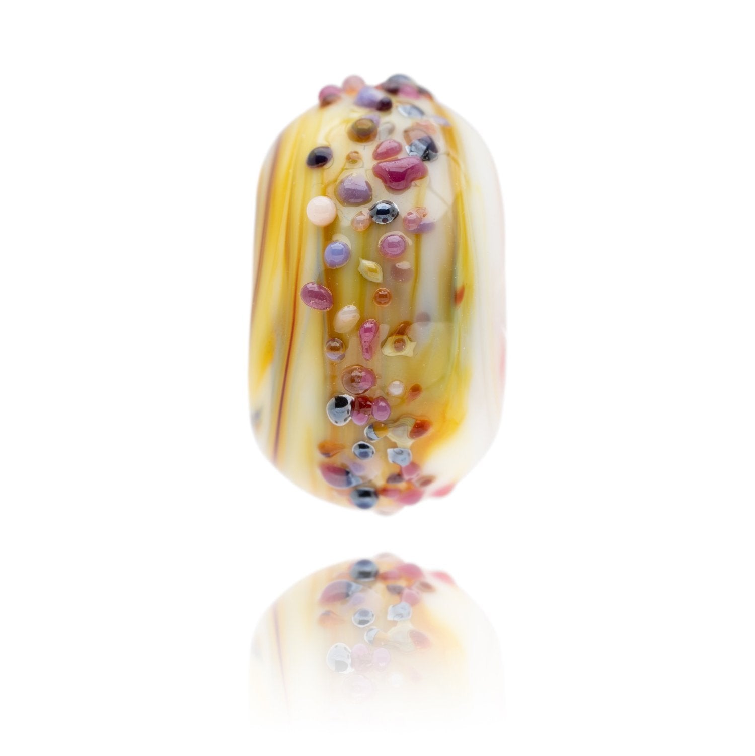 Yellow, white and organ swirling glass bead with raised pink and purple dots representing The Quantock Hills in Somerset, UK.