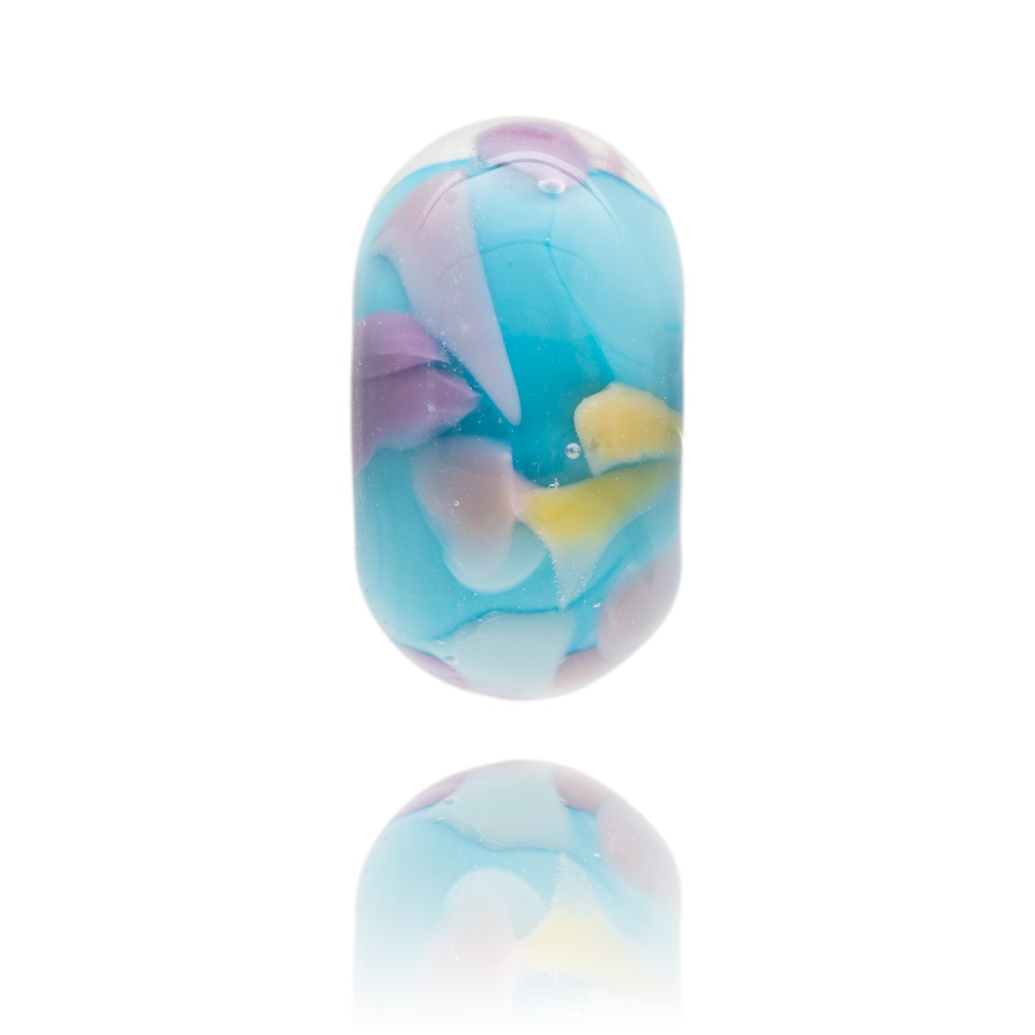 Turquoise glass bead with purple, white and yellow shards within the glass, representing Ramsgate beach in Kent, UK.