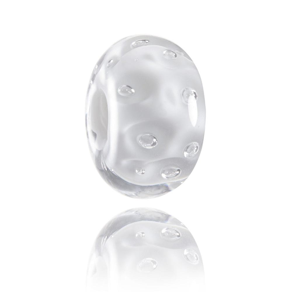 White and clear glass bead with bubbles within the glass, representing Moguls on ski slopes.