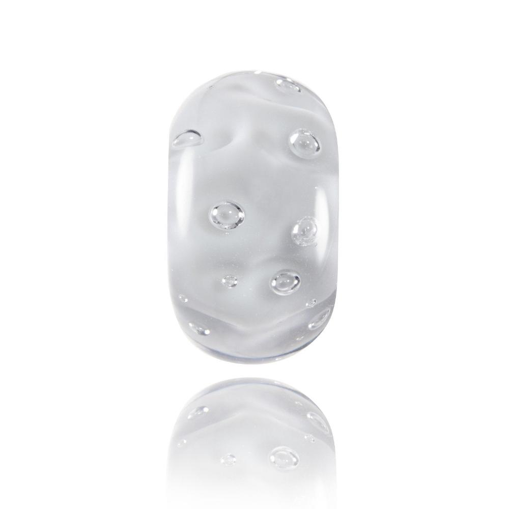 White and clear glass bead with bubbles within the glass, representing Moguls on ski slopes.