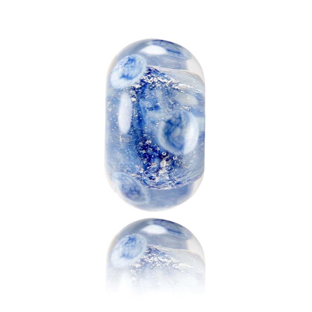 Blue shimmery glass beads with dots on the surface for the Scilly Isles in Cornwall, UK.