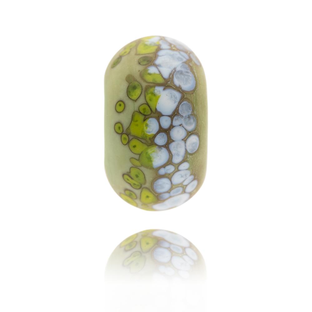 Green and white speckled glass bead representing the South Downs National Park in the UK.