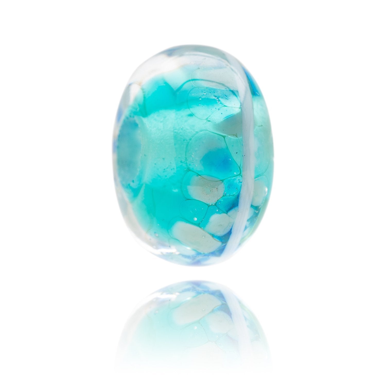 Watery blue transparent glass bead representing St Mawes village in Cornwall.