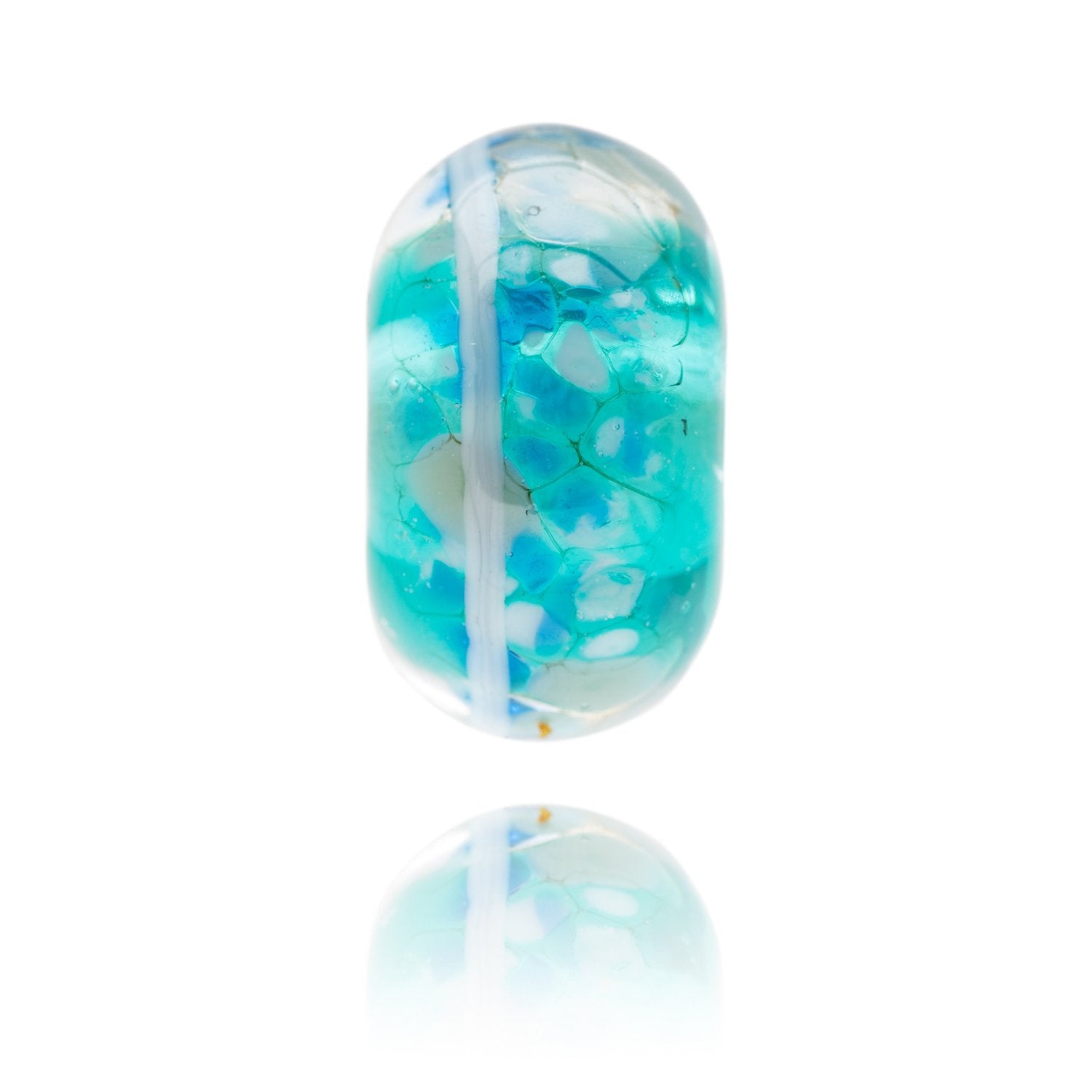 Watery blue transparent glass bead representing St Mawes village in Cornwall.