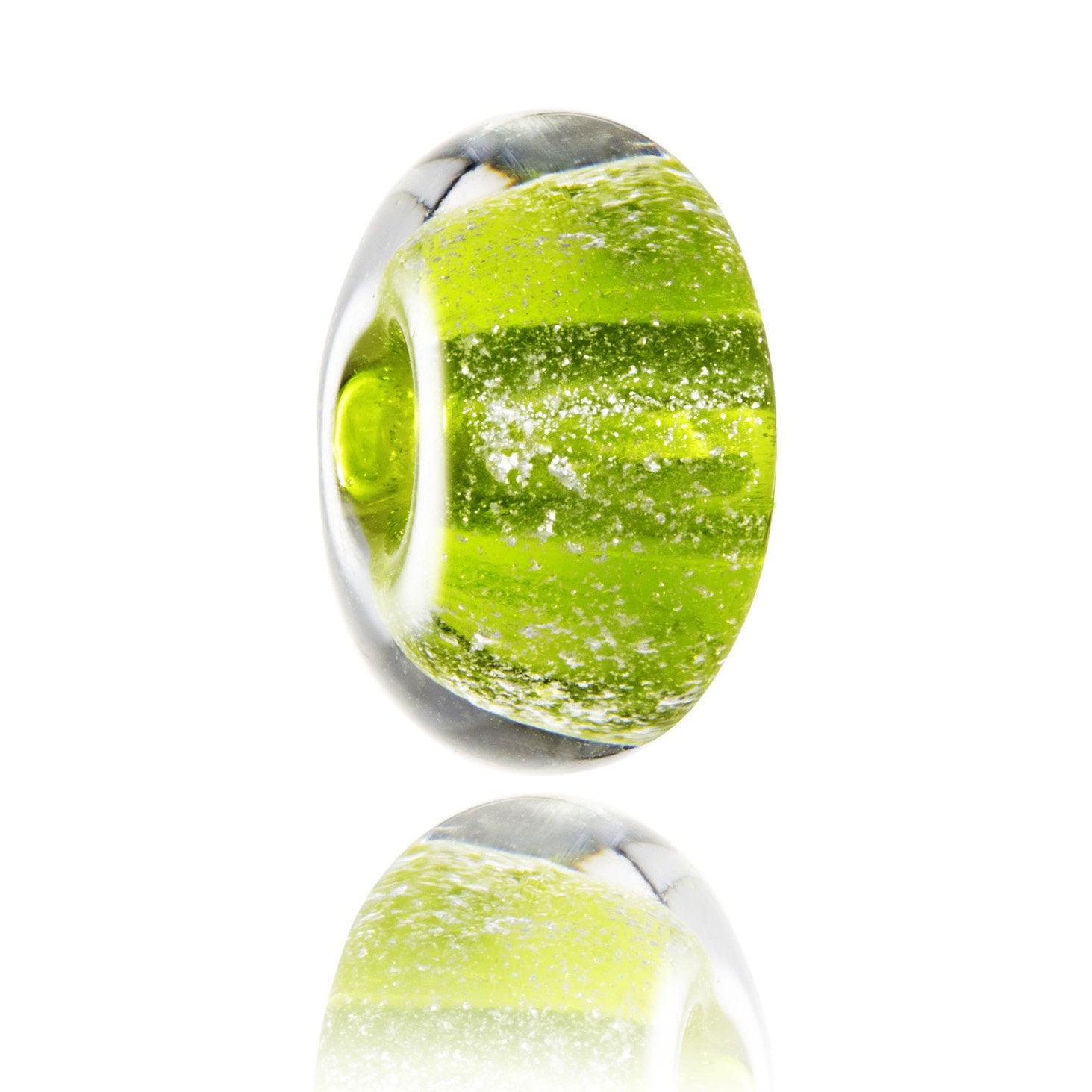 Bright green glass bead with shimmer in the glass. Representing St Anton in Austria.