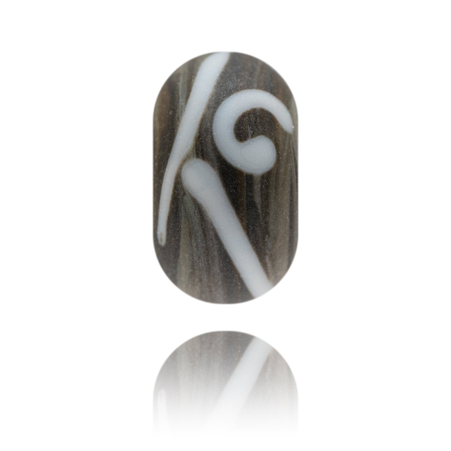 Dark green brown glass bead with white patterns on the surface. Representing Staithes in Yorkshire.