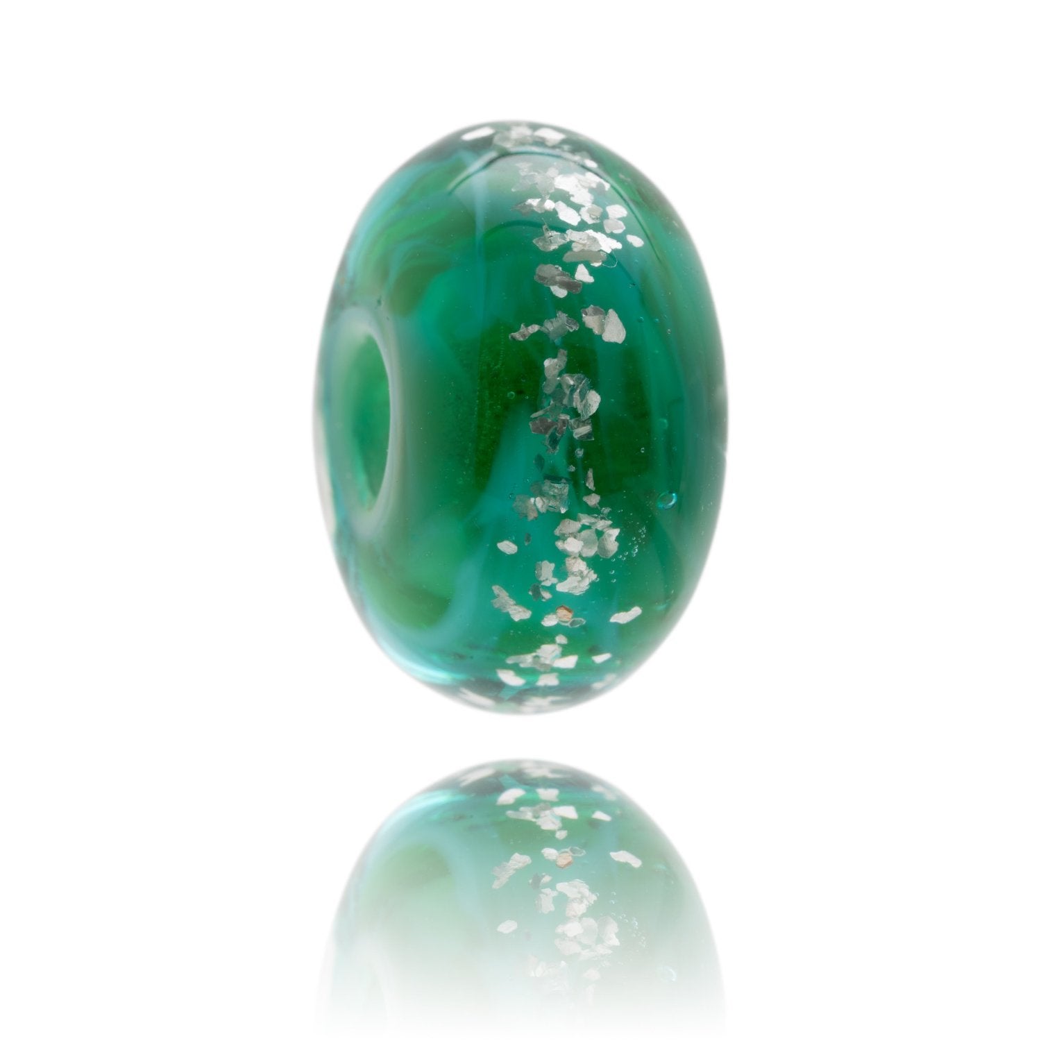 Bright green swirling glass bead with glitter encased in the bead. Representing Swanage Beach in Dorset.