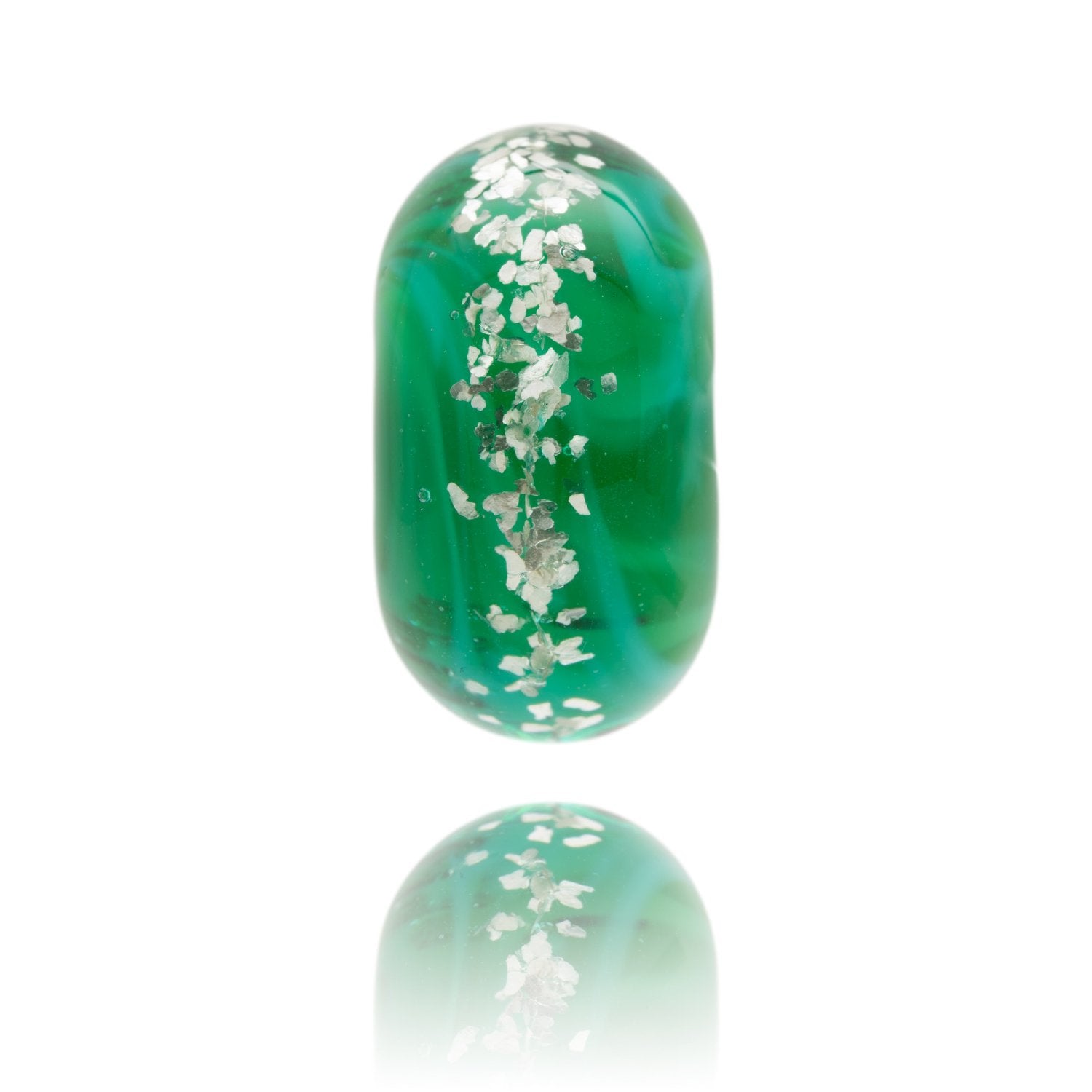 Bright green swirling glass bead with glitter encased in the bead. Representing Swanage Beach in Dorset.