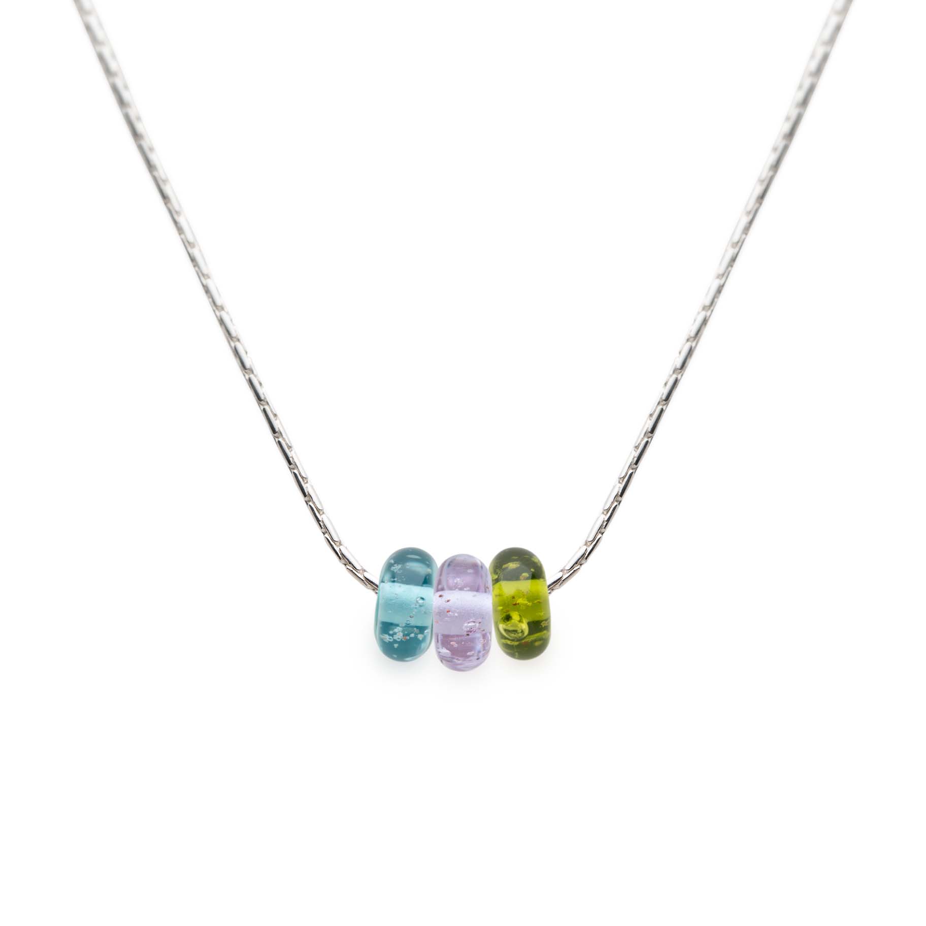 Colourful glass beads on sterling silver chain necklace.